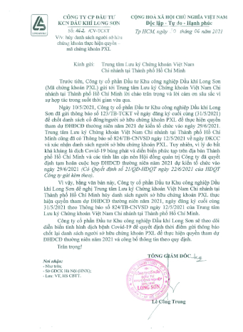Công ty CP Đầu tư KCN Dầu khí Long Sơn (Mã chứng khoán PXL) gửi CBTT công văn về việc hủy Danh sách người sở hữu chứng khoán tại ngày đăng ký cuối cùng 31/5/2021 do tạm hoãn ĐHĐCĐ thường niên năm 2021