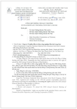 Long Son Petroleum Industrial Zone Investment Joint Stock Company (Stock Code: PXL) announces the Record Date for the entitlement to attend the 2026 Annual General Meeting of Shareholders.