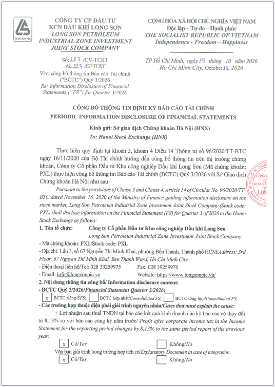 Long Son Petroleum Industrial Zone Investment Joint Stock Company (Stock Code: PXL) Announcement of Q3 2026 Financial Statements