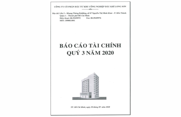 Công ty cổ phần Đầu tư KCN Dầu khí Long Sơn (Mã chứng khoán PXL) công bố thông tin BCTC Quý 3 Năm 2020.