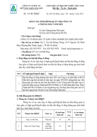 Công ty CP Đầu tư KCN Dầu khí Long Sơn (Mã chứng khoán PXL) gửi  CBTT  về BC tình hình quản trị Công ty 6 tháng đầu năm 2021.