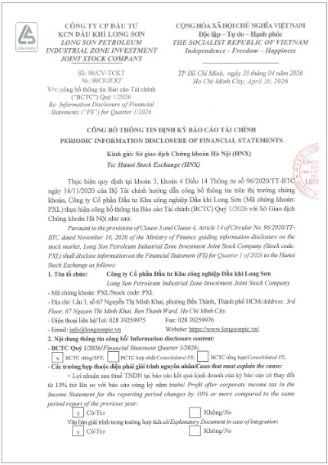 Công ty Cổ phần Đầu tư Khu công nghiệp Dầu khí Long Sơn (Mã chứng khoán PXL) công bố thông tin Báo cáo Tài chính Quý 1 năm 2026