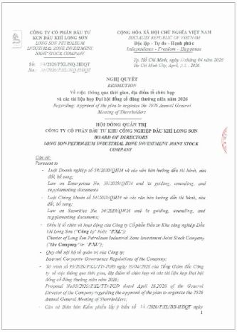 Công ty Cổ phần Đầu tư Khu công nghiệp Dầu khí Long Sơn (Mã chứng khoán PXL) công bố NQ HĐQT Vv thông qua thời gian, địa diểm tổ chức họp và các tài liệu họp ĐHĐCĐ thường niên năm 2026