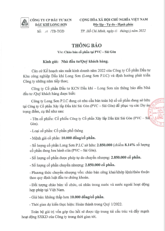 Công ty cổ phần Đầu tư KCN Dầu khí Long Sơn (Mã chứng khoán PXL) Thông báo về việc chào bán cổ phần tại PVC – Sài Gòn