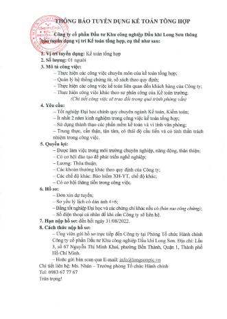 Công ty CP Đầu tư KCN Dầu khí Long Sơn Công Thông báo tuyển dụng Kế toán tổng hợp