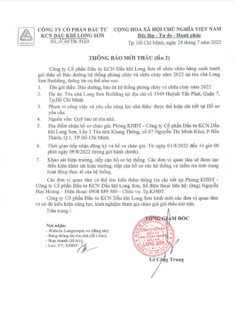 THÔNG BÁO MỜI THẦU (Lần 2)