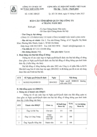 Công ty CP Đầu tư KCN Dầu khí Long Sơn (Mã chứng khoán PXL) công bố thông tin về Báo cáo tình hình quản trị Công ty 6 tháng năm 2022.