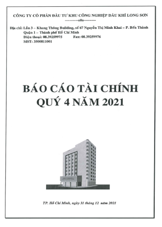 Công ty CP Đầu tư KCN Dầu khí Long Sơn (Mã chứng khoán PXL) Công bố thông tin Báo cáo Tài chính Quý 4 Năm 2021.