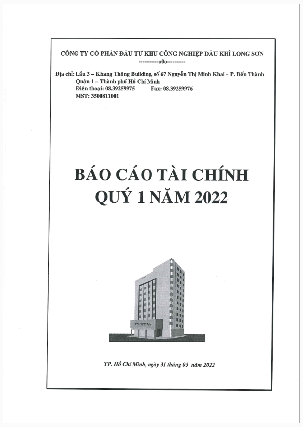 Công ty CP Đầu tư KCN Dầu khí Long Sơn (Mã chứng khoán PXL) công bố thông tin Báo cáo Tài chính Quý 1 - Năm 2022.