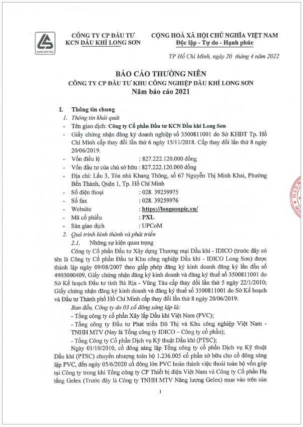 Công ty CP Đầu tư KCN Dầu khí Long Sơn (Mã chứng khoán PXL) Công bố thông tin Báo cáo thường niên năm 2021.