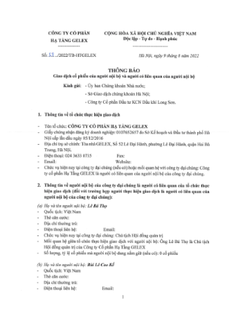CÔNG BỐ THÔNG TIN GIAO DỊCH CỔ PHIẾU CỦA NGƯỜI NỘI BỘ VÀ NGƯỜI CÓ LIÊN QUAN CỦA NGƯỜI NỘI BỘ. THÔNG TIN VỀ TỔ CHỨC THỰC HIỆN GIAO DỊCH: CÔNG TY CỔ PHẦN HẠ TẦNG GELEX