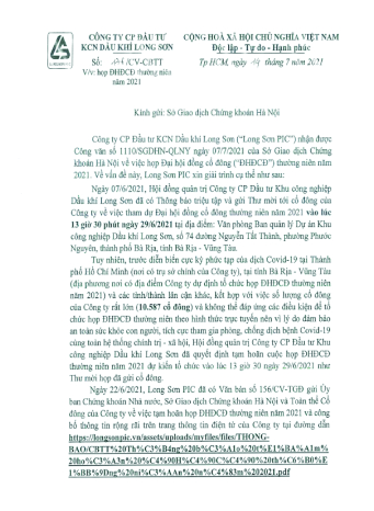 Công ty CP Đầu tư KCN Dầu khí Long Sơn (Mã chứng khoán PXL) gửi bản Scan Công văn gửi Sở GDCK Hà Nội về việc giải trình tạm hoãn họp ĐHĐCĐ thường niên năm 2021