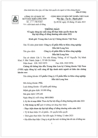 Công ty CP Đầu tư KCN Dầu khí Long Sơn (Mã chứng khoán PXL) gửi công bố thông tin về Thông báo chốt danh sách cổ đông để thực hiện quyền tham dự ĐHĐCĐ thường niên năm 2021.