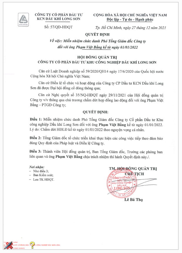 Công ty CP Đầu tư KCN Dầu khí Long Sơn (Mã chứng khoán PXL) công bố thông tin Quyết định của HĐQT về việc miễn nhiệm chức danh Phó TGĐ Công ty đối với ông Phạm Việt Bằng kể từ ngày 01/01/2022.