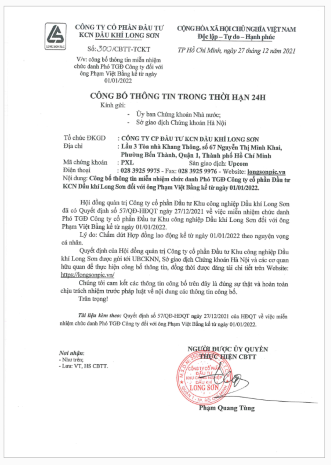 Công ty CP Đầu tư KCN Dầu khí Long Sơn (Mã chứng khoán PXL) Công bố thông tin về việc miễn nhiệm chức danh Phó TGĐ Công ty đối với ông Phạm Việt Bằng.