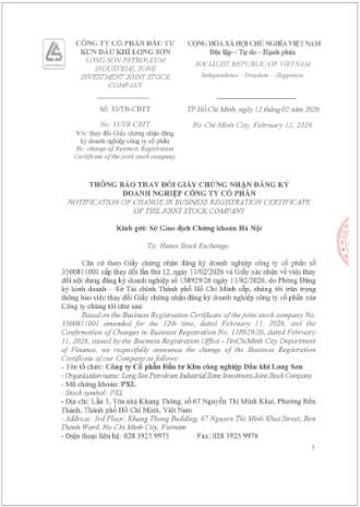 Công ty Cổ phần Đầu tư Khu công nghiệp Dầu khí Long Sơn (Mã chứng khoán PXL) công bố thông tin Thay đổi giấy chứng nhận đăng ký kinh doanh.