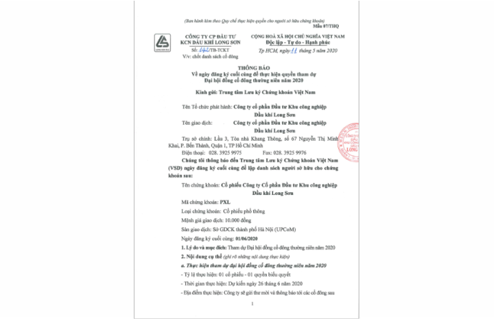 Thông báo về ngày đăng ký cuối cùng thực hiện quyền tham dự ĐHĐCĐ thường niên năm 2020.