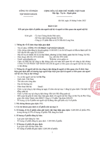 CÔNG BỐ THÔNG TIN KẾT QUẢ GIAO DỊCH CỔ PHIẾU CỦA NGƯỜI NỘI BỘ VÀ NGƯỜI CÓ LIÊN QUAN CỦA NGƯỜI NỘI BỘ. THÔNG TIN VỀ TỔ CHỨC THỰC HIỆN GIAO DỊCH: CÔNG TY CỔ PHẦN TẬP ĐOÀN GELEX