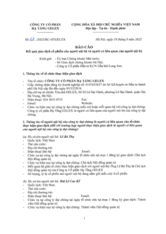 CÔNG BỐ THÔNG TIN KẾT QUẢ GIAO DỊCH CỔ PHIẾU CỦA NGƯỜI NỘI BỘ VÀ NGƯỜI CÓ LIÊN QUAN CỦA NGƯỜI NỘI BỘ. THÔNG TIN VỀ TỔ CHỨC THỰC HIỆN GIAO DỊCH: CÔNG TY CỔ PHẦN HẠ TẦNG GELEX