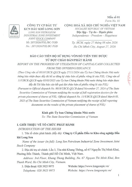 Công ty Cổ phần Đầu tư Khu công nghiệp Dầu khí Long Sơn (Mã chứng khoán PXL) báo cáo tiến độ sử dụng vốn/số tiền thu được từ đợt chòa bán/ phát hành