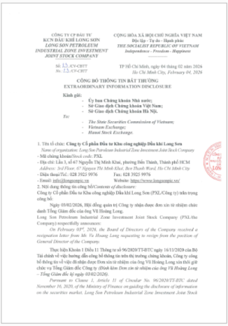 Công ty Cổ phần Đầu tư Khu công nghiệp Dầu khí Long Sơn (Mã chứng khoán PXL) công bố thông tin bất thường