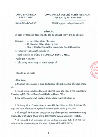 Công ty CP Đầu tư KCN Dầu khí Long Sơn (Mã chứng khoán PXL) Công bố thông tin nhận được thông báo về ngày trở thành cổ đông lớn