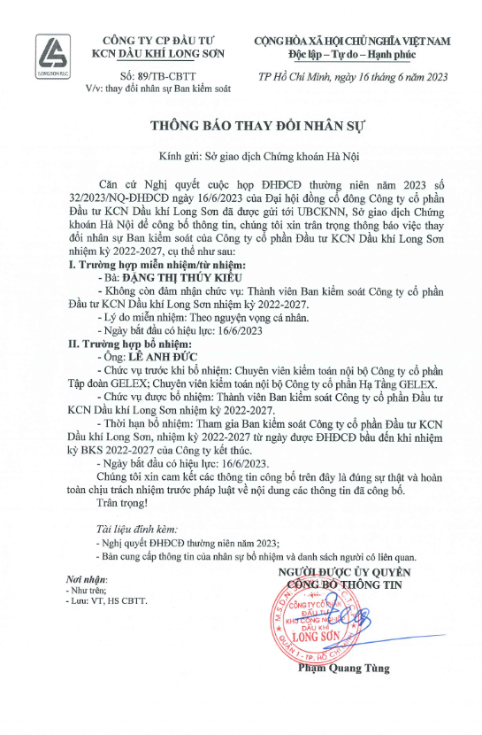 Công ty CP Đầu tư KCN Dầu khí Long Sơn (Mã chứng khoán PXL) công bố thông tin Thông báo thay đổi nhận sự Ban kiểm soát nhiệm kỳ 2022-2027.