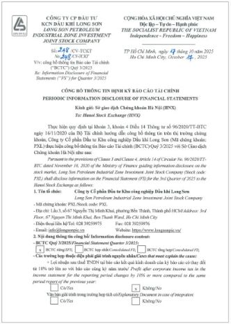 Công văn công bố thông tin Báo cáo Tài chính Quý 3 Năm 2025.