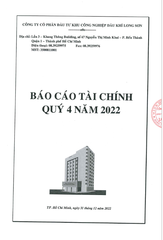 Công ty CP Đầu tư KCN Dầu khí Long Sơn (Mã chứng khoán PXL) CBTT về BCTC Quý 4 - Năm 2022 và Văn bản giải trình lợi nhuận sau thuế TNDN kỳ báo cáo có sự thay đổi từ 10% so với cùng kỳ năm trước