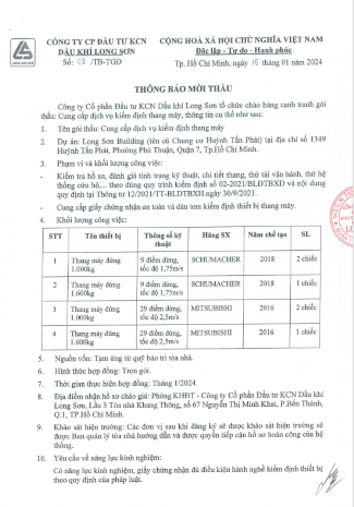 Công ty CP Đầu tư KCN Dầu khí Long Sơn (Mã chứng khoán PXL) thông báo tổ chức mời thầu chào giá cạnh tranh gói thầu: Cung cấp dịch vụ kiểm định thang máy.