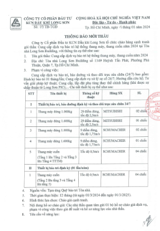 Công ty CP Đầu tư KCN Dầu khí Long Sơn (Mã chứng khoán PXL) thông báo tổ chức mời thầu chào giá cạnh tranh gói thầu: Cung cấp dịch vụ bảo trì hệ thống thang máy, thang cuốn năm 2024 tại Tòa nhà Long Sơn Building.