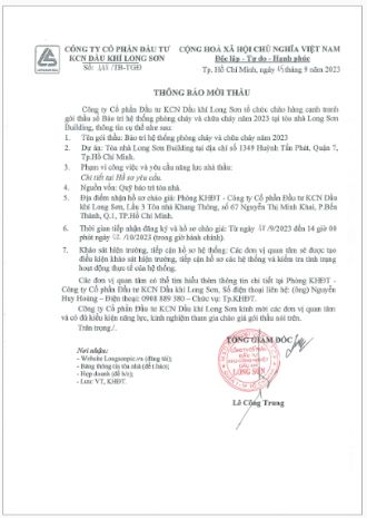 Công ty CP Đầu tư KCN Dầu khí Long Sơn (Mã chứng khoán PXL) Thông báo mời thầu: Gói thầu bảo trì hệ thống phòng cháy chữa cháy năm 2023 tại tòa nhà Long Sơn Building.