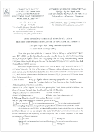 Công ty Cổ phần Đầu tư Khu công nghiệp Dầu khí Long Sơn (Mã chứng khoán: PXL) công bố Công văn CBTT Báo cáo Tài chính Quý 4_2025
