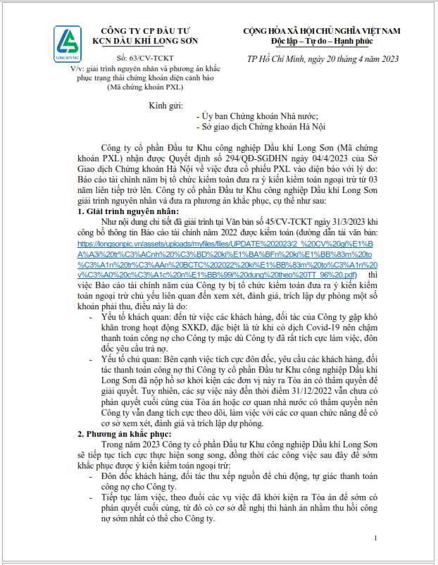 Công ty CP Đầu tư KCN Dầu khí Long Sơn (Mã chứng khoán PXL) công bố thông tin công văn giải trình và phương án khắc phục trạng thái chứng khoán diện cảnh báo.