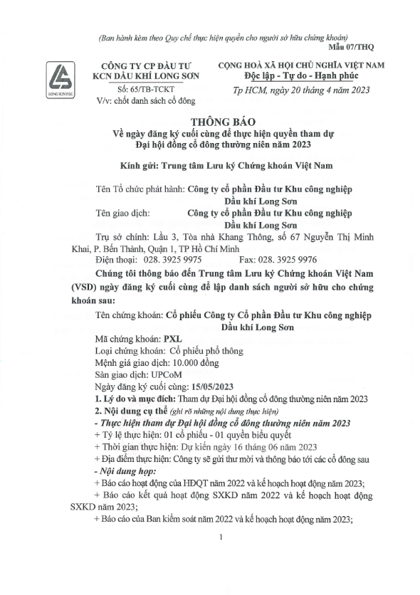 Công ty CP Đầu tư Khu công nghiệp Dầu khí Long Sơn (Mã chứng khoán PXL) công bố thông tin Thông báo về ngày đăng ký cuối cùng thực hiện quyền tham dự ĐHĐCĐ thường niên năm 2023.