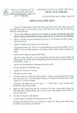 THÔNG BÁO MỜI THẦU