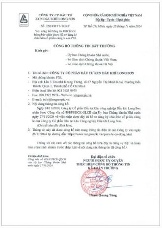 Công ty Cổ phần Đầu tư Khu công nghiệp Dầu khí Long Sơn (Mã chứng khoán PXL) công bố thông tin Ủy ban Chứng khoán Nhà nước thông báo nhận được đầy đủ Hồ sơ đăng ký chào bán cổ phiếu riêng lẻ của PXL.