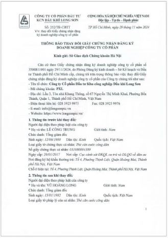 Công ty Cổ phần Đầu tư Khu công nghiệp Dầu khí Long Sơn (Mã chứng khoán: PXL) công bố thông tin thay đổi Giấy chứng nhận doanh nghiệp công ty cổ phần ngày 29/11/2024.