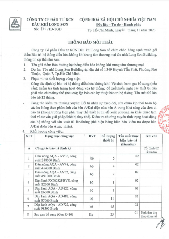 Công ty CP Đầu tư KCN Dầu khí Long Sơn (Mã chứng khoán PXL) Thông báo mời thầu: Gói thầu bảo trì hệ thồng điều hòa không khí trung tâm thương mại tại tòa nhà Long Sơn Building.